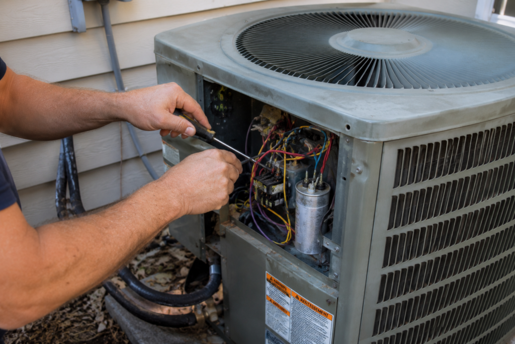 HVAC technician explaining AC repair terms while inspecting a residential air conditioning system