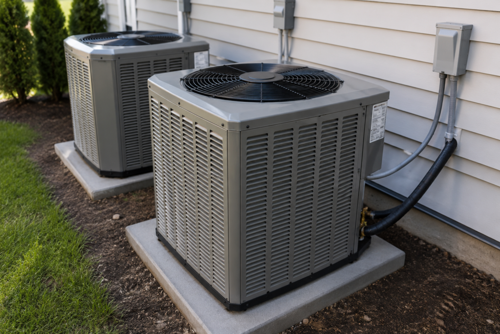 HVAC technician explaining new AC unit features to a homeowner during a system consultation